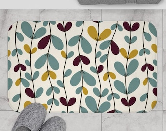 Tappetino da bagno con foglie in stile metà secolo, tappeto da bagno botanico scandinavo, decorazioni per il bagno nei toni del verde acqua, senape e prugna, tappetino da pavimento floreale moderno