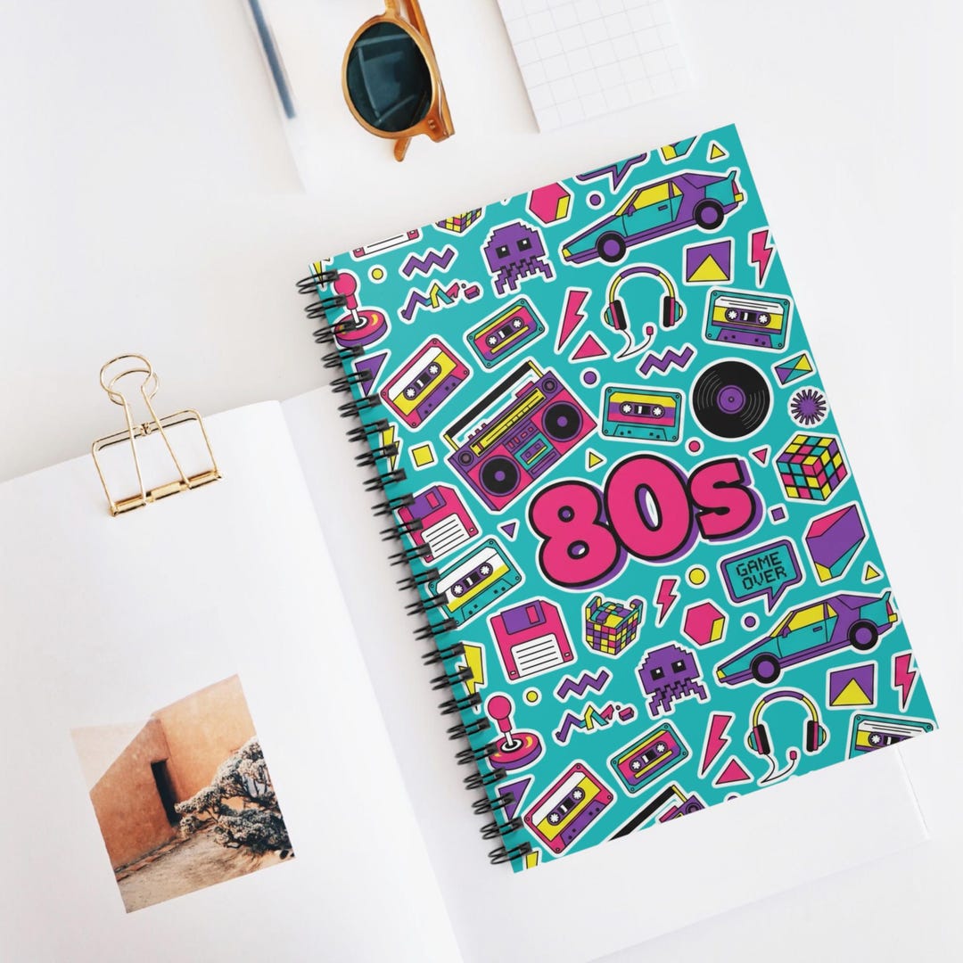Retro 80s Spiral Notebook, Vintage Eighties Sticker Design, Neon ...