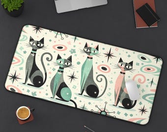 Alfombrilla de escritorio retro con diseño de gato, alfombrilla de ratón moderna de mediados de siglo, decoración de escritorio vintage atómica para amantes de los gatos.