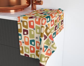 Mid Century Modern Hand Towel, Retro Geometric Bathroom Decor, 70s Vintage Kitchen Towel, Colorful Abstract Decorative Towel