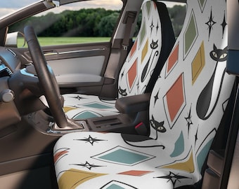 Atomic Retro Cat Car Seat Covers, Diamond Pattern Black Cat Covers, Mid Century Modern Car Decor