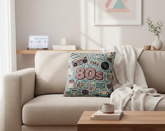 Retro 80s Throw Pillow, Vintage Eighties Sticker Design, Neon Cassette And Boombox Art, 80s Aesthetic Cushion, Retro Home Accent