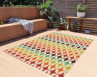 Retro Geometric Outdoor Rug, Mid Century Modern Patio Decor, Vintage 70s Pattern Waterproof Area Rug, Colorful Boho Garden & Balcony Mat