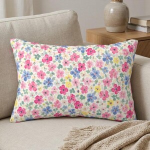 Floral Lumbar Pillow, Cottage Garden Decorative Cushion, Soft Pastel Flower Pillow, Vintage Style Sofa Accent, Rectangular Throw Pillow