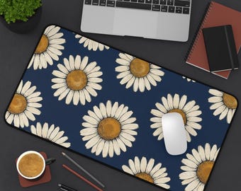 Daisy Floral Desk Mat, Navy Blue Large Mouse Pad, Aesthetic Workspace Mat, Office Desk Protector, Gift for Home Office