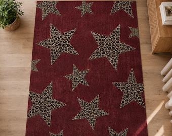 Leopard Star Pattern Area Rug, Rustic Western Floor Rug, Burgundy Animal Print Carpet, Boho Living Room Decor