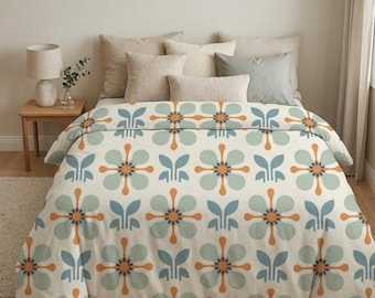 Edredom retrô floral de algodão, roupa de cama moderna de meados do século, edredom com estampa em tons de azul-petróleo, sálvia e âmbar, colcha geométrica vintage.