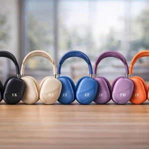 May include: A row of six wireless over-ear headphones in various colors: black, cream, blue, purple, and orange. Each headphone has a matching headband and earcups, with initials printed on the earcups. The headphones are arranged on a wooden surface.