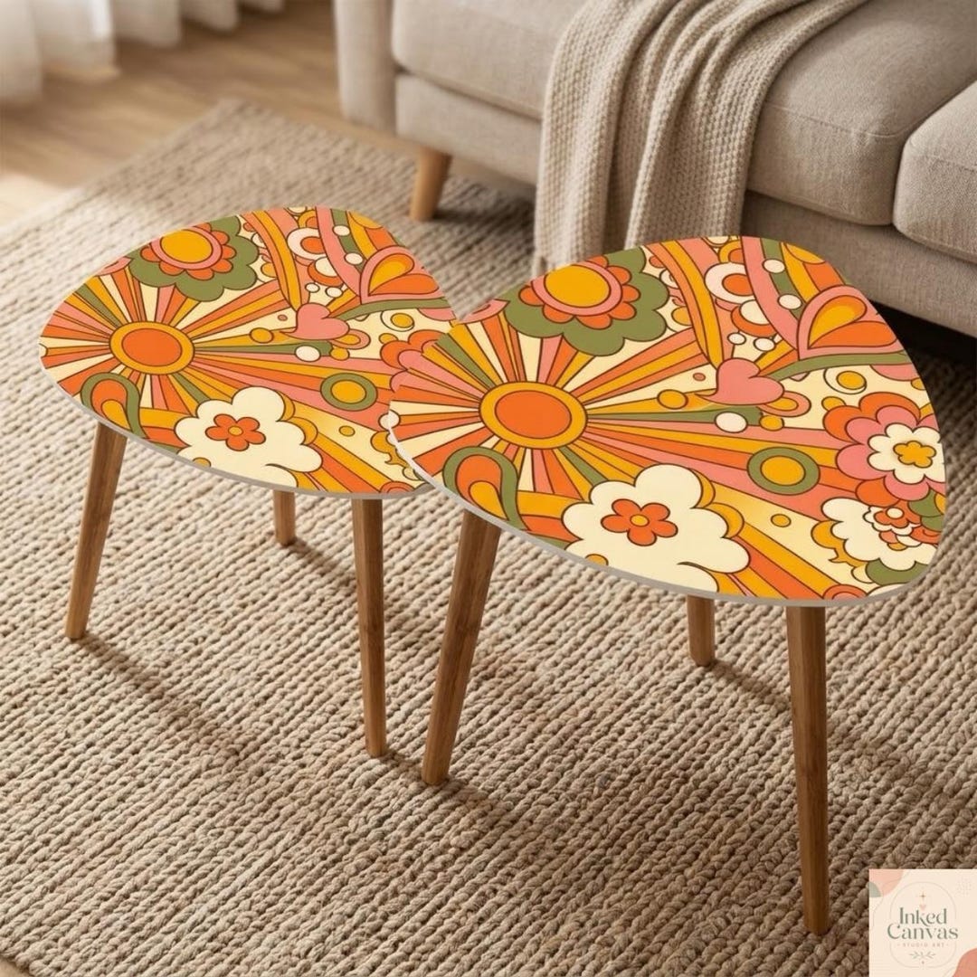 70s Hippie Retro Groovy Coffee Table Set, Mid Century Modern 70s Flower ...