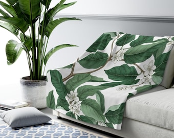Manta Sherpa con estampado de hojas botánicas verdes / Manta con estampado floral, regalo de otoño, diseño otoñal