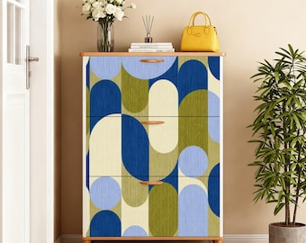 Mid Century Abstract Geometric Shapes Pattern Shoe Cabinet | Blue Olive Modern Cabinet