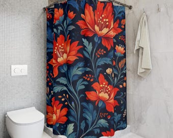 ハローキティ　バスカーテン　お花　レトロ　シャワーカーテン 花柄シャワーカーテン：赤と青の地中海風バスルーム装飾 - Etsy 日本