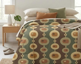 Couette en coton Mid-Century, Literie à motif de chaîne à pois rétro, Couvre-lit ocre