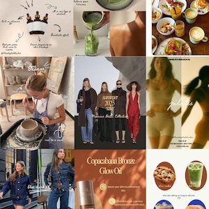 Pode incluir: Uma colagem com vários elementos de estilo de vida. Inclui produtos para a pele, chá matcha, comida de restaurante, uma ceramista trabalhando, modelos de moda, pilates, uma mulher em jeans e óleo iluminador para a pele.