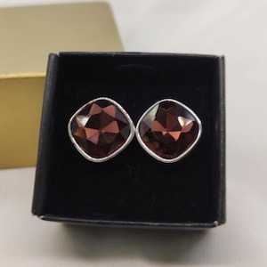 Vintage Silver & Red Crystal Square Stud Earrings 