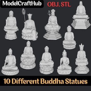 May include: A selection of ten Buddha statues in different poses, rendered in light grey. The statues are set against a dark background. The text "10 Different Buddha Statues" is displayed at the bottom of the image.