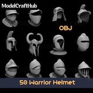 Puede incluir: Una colección de 12 cascos de guerrero de varios diseños, exhibidos sobre un fondo negro. Los cascos están renderizados en un color neutro, mostrando detalles como viseras, crestas y cuernos. El texto "50 Warrior Helmet" está en la parte inferior.