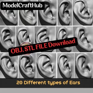 Può includere: Una griglia di modelli di orecchie 3D grigie. L'immagine include il testo "ModelCraftHub" in alto a sinistra e uno striscione che recita "OBJ, STL FILE Download". La parte inferiore dell'immagine dice "20 Different types of Ears".