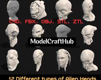 3D-modeller med främmande huvud: Utskrivbara sci-fi-designfiler (C4D, OBJ, STL)