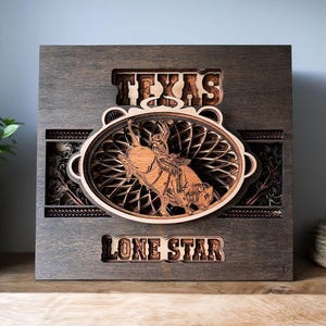 Texas Lone Star Mandala Shadowbox SVG | Layered Western Wall Art Laser Cut File | Engraved Bull Rider 3D Design for Glowforge LightBurn