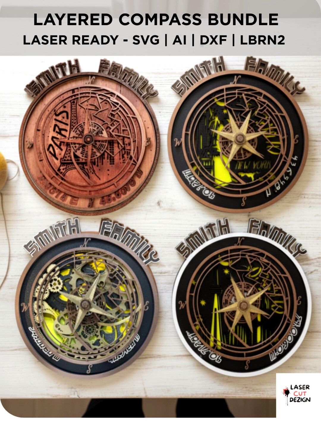 3D Layered Compass SVG Bundle | Paris, New York, Toronto, Gears - Etsy