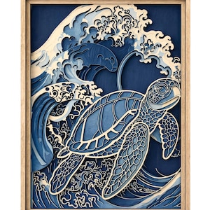 May include: A multi-layered wooden wall art piece featuring a sea turtle swimming in front of a large, stylized ocean wave. The artwork uses various shades of blue and cream, encased in a light-colored wooden frame with a depth-creating design.