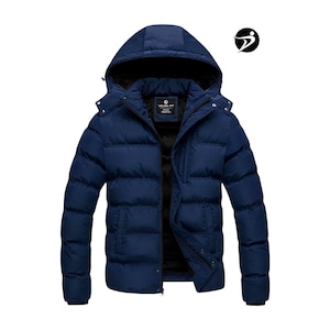 Men’s Warm Hooded Puffer Jacket – Navy Blue Waterproof Winter Coat with Removable Hood