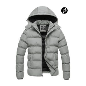May include: A light grey puffer jacket with a hood and a black interior. The jacket features a zip closure and pockets. The brand name "VELDA FIT" is visible on a tag. A black and white logo is on the upper right.