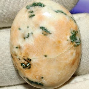 Könnte beinhalten: Ovaler Edelstein mit polierter Oberfläche. Der Stein zeigt eine Mischung aus Pfirsich-, Creme- und Grüntönen mit dunkleren grünen Sprenkeln und Flecken auf der Oberfläche. Der Edelstein wird in einem weißen Handschuh gehalten.