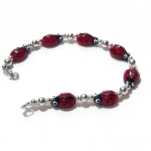Pulsera de mariquita de vidrio soplado – Joyería de naturaleza caprichosa, ajustable de 7 pulgadas