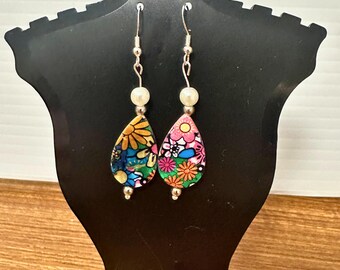 Colorful Abstract Dangle Earrings with Silver Toned Hardware