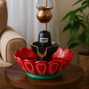 Puede incluir: Fuente decorativa con un diseño de Shiva Lingam negro, una olla de cobre y una base en forma de loto rojo. La fuente está sobre una mesa de madera. El agua fluye de la olla al Lingam.