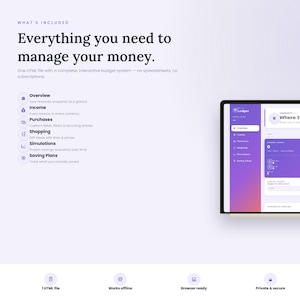 Könnte beinhalten: Eine digitale Benutzeroberfläche für ein Budgetverwaltungssystem mit dem Titel "Everything you need to manage your money." Die Anzeige zeigt eine Seitenleiste mit Kategorien wie Overview, Income, Purchases, Shopping, Simulations und Saving Plans sowie ein Haupt-Dashboard mit einer violett-orangen Verlaufsüberschrift mit der Aufschrift "Where things stand."