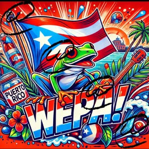 May include: Colorful illustration featuring a frog with red eyes, the Puerto Rican flag, and the word "WEPA!". The artwork includes a guitar, palm trees, and the text "Puerto Rico" on a jar, all set against a vibrant red background.
