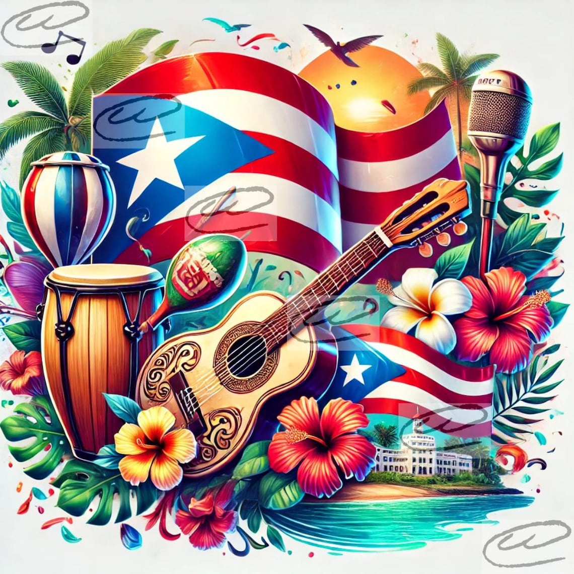 puerto-rico-flag-art-print-tropical-music-scene-digital-download-etsy