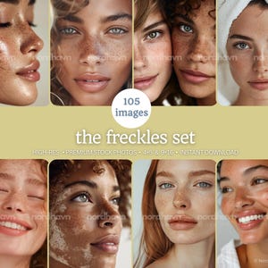May include: Eight images of women with freckles are displayed, showcasing a variety of skin tones and expressions. The images are close-up portraits. Text on the image reads "the freckles set" and "105 images".