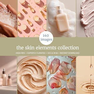Pode incluir: Uma colagem de imagens de produtos para cuidados com a pele. No canto superior esquerdo, mãos com sabão, e no canto superior direito, traços de creme. O centro apresenta o texto "the skin elements collection". Outras imagens incluem frascos, séruns e pétalas de rosa.