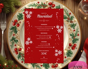 Modèle de menu de Noël modifiable sur Canva | Menu de Noël pour restaurants | Design rouge élégant | Modèle PDF de Noël