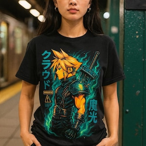 May include: Black t-shirt featuring a vibrant anime-style illustration. The design includes a character with spiky blonde hair, a large sword, and Japanese text. The artwork is set against a backdrop of green and blue energy.