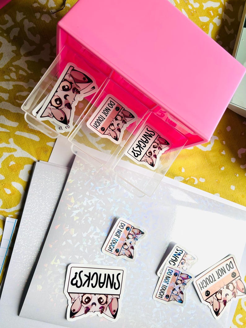 Puede incluir: Un organizador de pl&aacute;stico rosa con fundas de pl&aacute;stico transparente, que contiene pegatinas. Las pegatinas presentan un animal de dibujos animados con el texto "SNACKS?" y "DO NOT TOUCH". Algunas pegatinas est&aacute;n esparcidas sobre una superficie blanca iridiscente.
