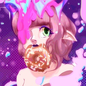 May include: Digital art of a character with pink hair, green eyes, and pointed ears, eating a donut. The artwork features a purple and pink color scheme with dripping paint effects and the text "RuthlesslyKawaii.etsy.com".