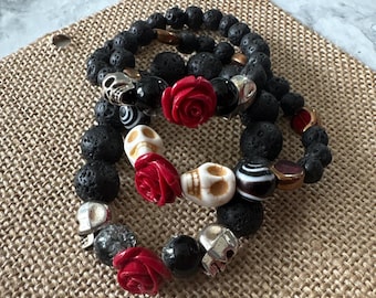 Lava Rock Beaded Bracelet: Gothic Skull & Red Rose