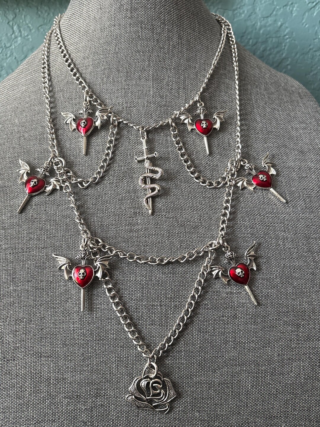 Black Webbed Goth Necklace: Layered Chain, Skull & Rose Charms - Etsy