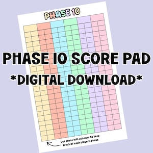 Könnte beinhalten: Ein Phase 10 Score Pad als digitaler Download. Das Pad hat ein Raster mit Spalten in Pastellfarben: Gelb, Rosa, Blau, Grün und Lila. Der Titel "PHASE 10 SCORE PAD" steht in fetten schwarzen Buchstaben, darunter "DIGITAL DOWNLOAD".
