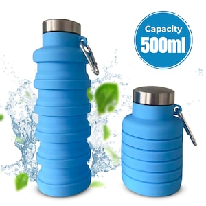 Bottiglia d&#39;acqua pieghevole in silicone blu: senza BPA, a prova di perdite, essenziale da viaggio