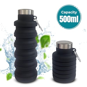Bottiglia d&#39;acqua pieghevole in silicone nero: senza BPA, a prova di perdite, essenziale da viaggio