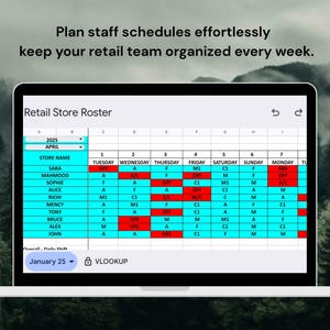 Puede incluir: Una computadora portátil muestra una lista de tiendas minoristas con un horario para abril de 2025. La hoja de cálculo muestra los nombres de los empleados y sus turnos de trabajo, con resaltado rojo y azul. El texto dice: "Planifique los horarios del personal sin esfuerzo."