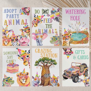 May include: Set of six watercolor party animal signs. Each sign features a different animal wearing party hats and sunglasses. Text includes "Adopt a Party Animal", "Do Not Feed the Animals", and "Gifts & Cards".