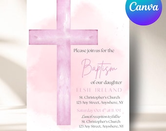 Convite de Batismo Editável para Meninas | Convite de Batismo com Cruz Rosa | Modelo Canva 5x7 | Download Instantâneo de Consagração de Bebê