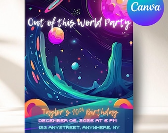 Space Out of This World Birthday Invitation | Space Party Editable Canva Template | Galaxy Neon Planet Kids Invite